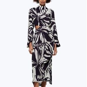ZARA Printed Cut-out Long Sleeve Midi Dress Butterfly Print Purple XS